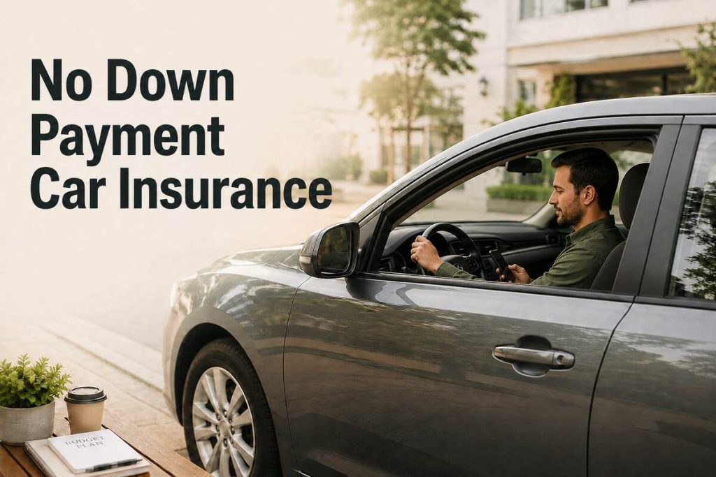 Driver comparing no down payment car insurance options from a parked car