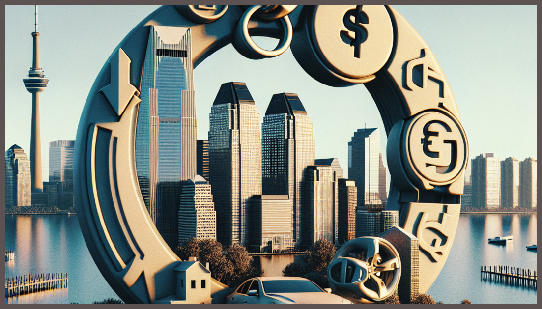 Car insurance symbols with New Jersey skyline in the background.